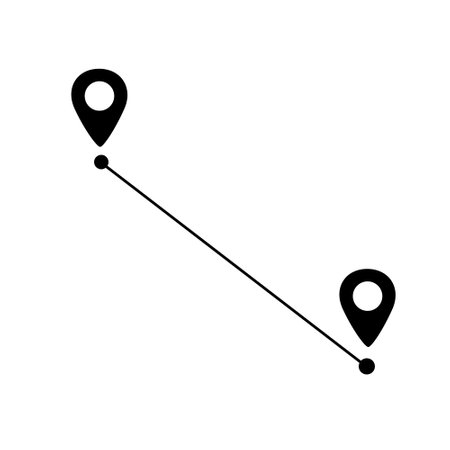 Black route tracking icon. Simple 2 pin path. Searching global mobile GPS navigation. Line distance illustration isolated on whiteのイラスト素材
