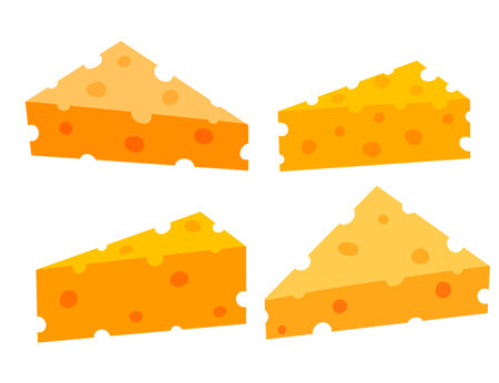 Triangular piece of cheese with holes. Swiss dairy product. Delicious flat style food. Organic meal isolated on white backgroundのイラスト素材