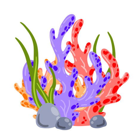 Coral reef and seaweed underwater plant. Aquarium, ocean and undersea decoration isolated on white background. marine tropical water life. cartoon vector illustrationのイラスト素材