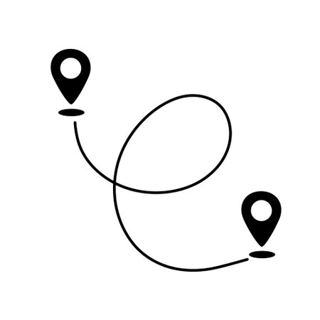 Black route tracking icon. Simple 2 pin path. Searching global mobile GPS navigation. Line distance illustration isolated on whiteのイラスト素材