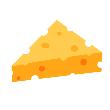 Triangular piece of cheese with holes. Swiss dairy product. Delicious flat style food. Organic meal isolated on white backgroundのイラスト素材