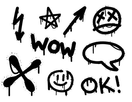 Set of black graffiti spray illustration. Collection of urban symbols, wow, ok, cross, arrow and star. Street art decoration fo wall isolated on white background.のイラスト素材