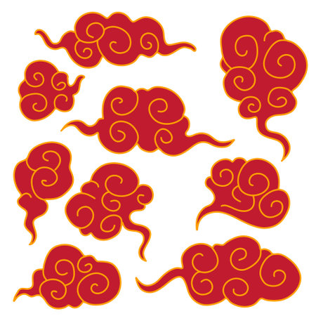 Red Gold Asian Chinese Clouds. Traditional retro ornaments in chinese, korean and japanese oriental style. Elements of Chinese New Year and Mid Autumn Festival isolated on white backgroundのイラスト素材