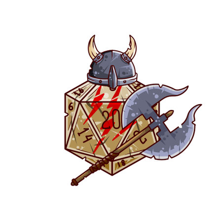 Dice d20 for playing Dnd. Dungeon and dragons board game. Ax and horned helmet of medieval barbarian viking. Adventure cartoon Iconのイラスト素材
