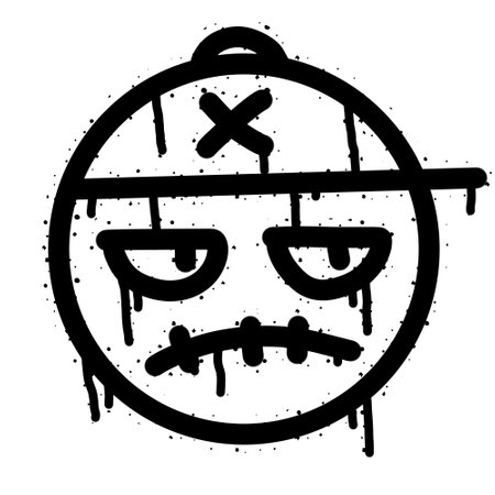 Graffiti grunge face. Cartoon aerosol fun expression. Spray funky paint art with leak and dot. Street art and urban vandalism symbol. Black grungy spill character isolated on whiteのイラスト素材