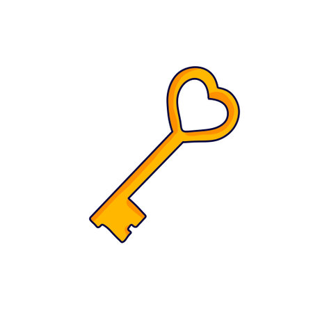 Golden Heart Key Icon for valentines day. Old Medieval love symbol isolated on white backgroundのイラスト素材