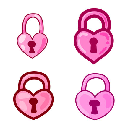 Pink Heart Lock Icon for valentines day. Set of Old Medieval love symbol isolated on white backgroundのイラスト素材