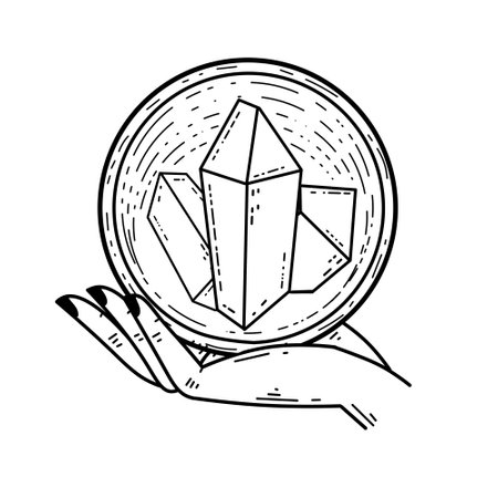 Magic crystal ball and gems in hand. Mystical and magical witch ritual. Spiritual mystery future wizard teller. Esoteric Astrology and fortune.のイラスト素材