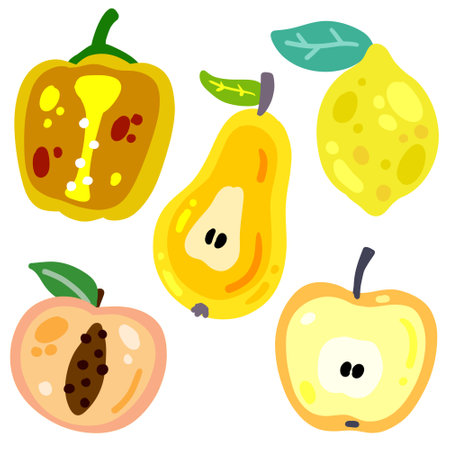 Fruits and vegetables isolated on white. Set of fresh vegan food. Delicious sweet snack dessert in colorful cartoon style. Apple, Pepper, pear, apricot, peach and lemon.のイラスト素材
