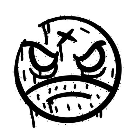 Graffiti grunge face. Cartoon aerosol fun expression. Spray funky paint art with leak and dot. Street art and urban vandalism symbol. Black grungy spill character isolated on whiteのイラスト素材