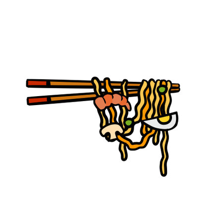 Ramen noodles and wooden sticks. Chopsticks with long pasta. Asian Japanese and Chinese food. Shrimp, egg and shiitake mushroom toppingのイラスト素材