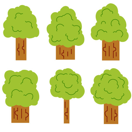 Set of minimalistic green trees for forest or park. Simple flat cartoon illustration. Landscape for background. natural environmentのイラスト素材