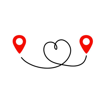 Black route tracking icon. Simple 2 pin path. Searching global mobile GPS navigation. Line distance illustration isolated on whiteのイラスト素材