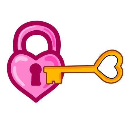 Pink Heart Lock and Golden Key Icon for valentines day. Set of Old Medieval love symbol isolated on white backgroundのイラスト素材
