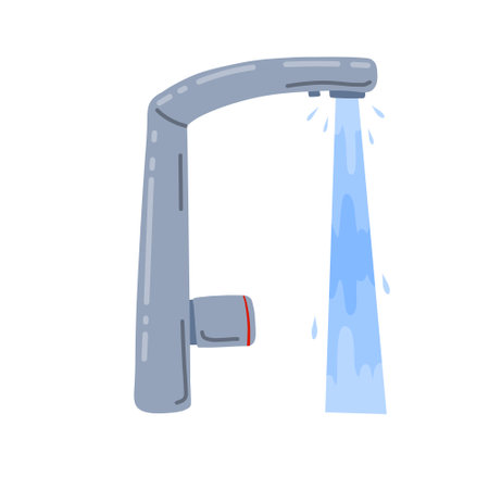 Tap with running water jet. Plumbing in kitchen and bathroom. Flow and stream of blue liquid.のイラスト素材