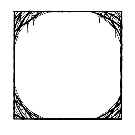 Halloween frame. Cobwebs and slimy threads border. Scary creepy silhouette. Dark spider web, hand drawn gossamer. Square Cartoon illustration isolated on whiteのイラスト素材