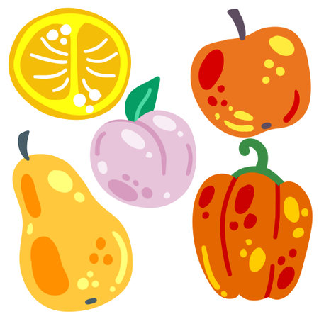 Fruits and vegetables isolated on white. Set of fresh vegan food. Delicious sweet snack dessert in colorful cartoon style. Apple, Pepper, pear, apricot, peach and lemon.のイラスト素材