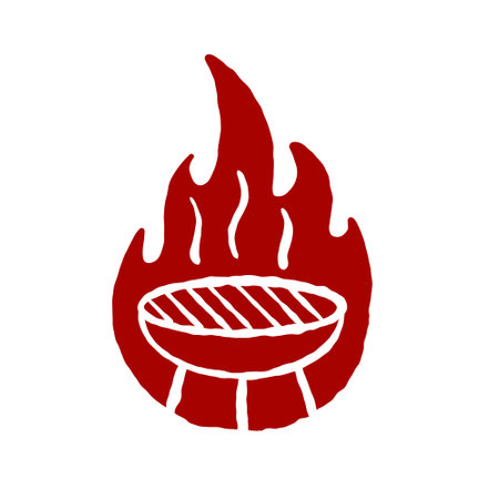 Barbecue logo. Grilled meat on fire. Red silhouette of brazier flame. Simple cartoon illustration isolated on white.のイラスト素材