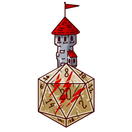 Dice d20 for playing Dnd. Dungeon and dragons board game with castle tower. Cartoon outline illustration. Medieval Citadelのイラスト素材