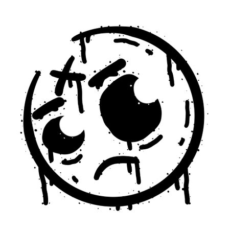 Graffiti grunge face. Cartoon aerosol fun expression. Spray funky paint art with leak and dot. Street art and urban vandalism symbol. Black grungy spill character isolated on whiteのイラスト素材