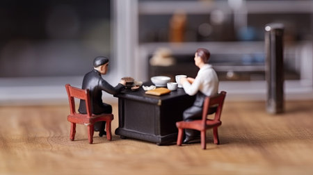 Miniature men sitting at dining table. Friends eat together and discuss business. Small toy men figurines created with Generative AI Technologyの写真素材