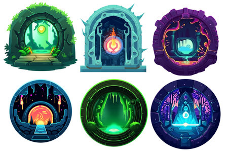 Magical portal for game. Icon for RPG fantasy illustrations. Colorful magic world. Set of Flat colorful cartoon isolaed on white created with Generative AI Technologyの写真素材