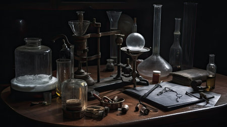 Alchemical table. Equipment and decorations of magician and sorcerer for chemistry. Table with magic glass bottles. Retro vintage vintage medical office created with Generative AI Technologyの写真素材