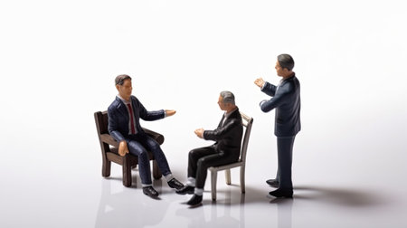 Miniature group of businessmen. Little toy men in office suits. Business and diplomacy. Concept of concluding deals, contracts and negotiations created with Generative AI Technologyの写真素材