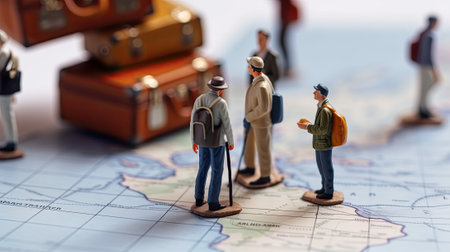 Miniature tourists stand on world map. Group of little toy travelers. Concept of travel, recreation and vacations created with Generative AI Technologyの写真素材