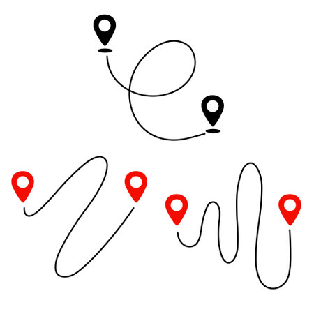 Black route tracking icon. Simple 2 pin path. Searching global mobile GPS navigation. Set of Line distance illustration isolated on whiteのイラスト素材