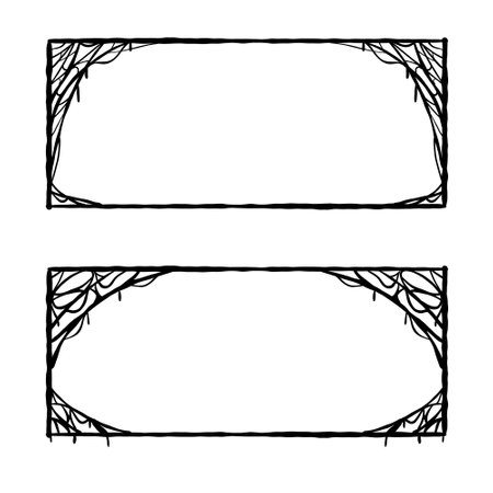 Halloween frame. Cobwebs and slimy threads border. Square Cartoon illustration isolated on white. Scary creepy silhouette. Dark spider web, hand drawn gossamerのイラスト素材