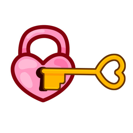 Pink Heart Lock and Golden Key Icon for valentines day. Set of Old Medieval love symbol isolated on white backgroundのイラスト素材