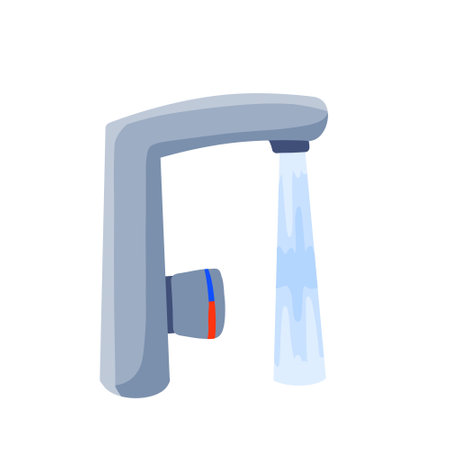 Tap with running water jet. Plumbing in kitchen and bathroom. Flow and stream of blue liquid.のイラスト素材