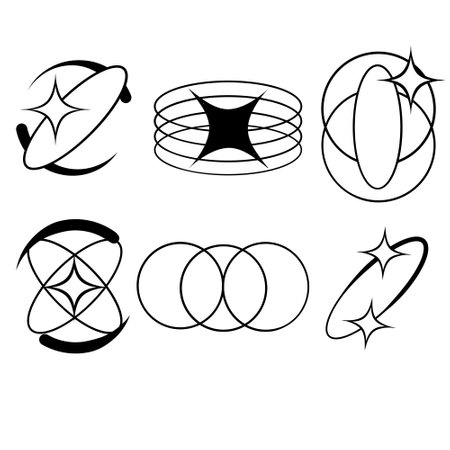 Y2K stars, starburst and retro futuristic graphic set. Collection of Trendy brutal rounded ring collectionのイラスト素材