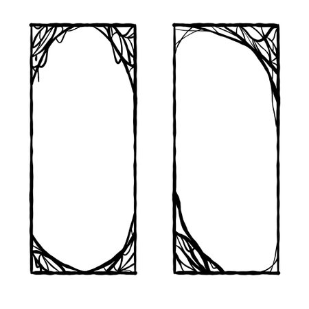 Halloween frame. Cobwebs and slimy threads border. Square Cartoon illustration isolated on white. Scary creepy silhouette. Dark spider web, hand drawn gossamerのイラスト素材
