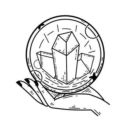 Magic crystal ball and gems in hand. Mystical and magical witch ritual. Spiritual mystery future wizard teller. Esoteric Astrology and fortune.のイラスト素材