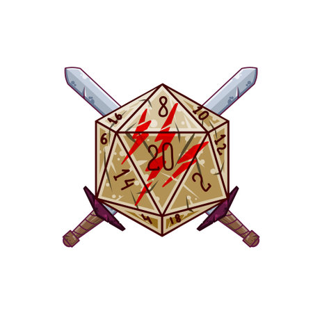 Dice d20 for playing Dnd. Dungeon and dragons board game. Crossed swords of medieval viking warrior, barbarian. Adventure cartoon Iconのイラスト素材