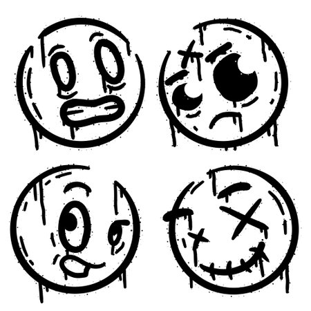 Graffiti grunge face. Cartoon aerosol fun expression. Spray funky paint art with leak and dot. Street art and urban vandalism symbol. Black grungy spill character isolated on whiteのイラスト素材