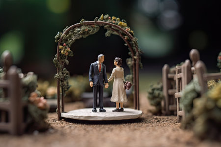 Miniature figure of newlyweds. Husband and wife in wedding attire. Concert of classic wedding and romantic Valentine's day. Arch and decorations with flowers. Happy little toy man and woman created with Generative AI Technologyの写真素材