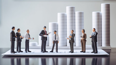 Group of businessmen stands next to business graph chart. Miniatures toys people. Concept of trading on stock exchange, business and financial analytics created with Generative AI Technologyの写真素材