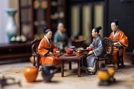 Miniature tea ceremony. Small diorama of Chinese people in ancient traditional clothes drinking herbal tea. Cultural heritage of China. Concept of tea drinking, Buddhism, created with Generative AI Technologyの写真素材