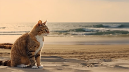 cat on the beach. Cute kitten sitting on the sand of the seashore. Concept of tranquility, freedom. summer ocean background. Beauty pretty animal created with Generative AI Technologyの写真素材