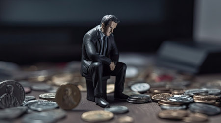 Miniature businessman sits thoughtfully on coins. Financial business concept of success and work. Little toy sad man in an office suit created with Generative AI Technologyの写真素材