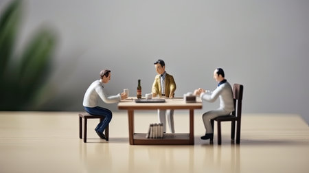 Miniature men sitting at dining table. Friends eat together and discuss business. Small toy men figurines created with Generative AI Technologyの写真素材