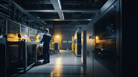 Two workers in uniform are standing in server room. Computer equipment and technical service...