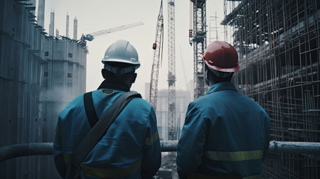 Two workers, rear view, on construction site. Engineers in protective uniforms and helmets at work. Construction of buildings created with Generative AI Technologyの写真素材