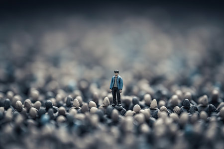 Lonely man among the gray crowd. Atmospheric concept of sadness, loneliness, thoughtfulness and search for meaning in life created with Generative AI Technologyの写真素材