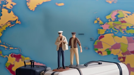 Miniature tourist stands at geographical map. Vacation of traveler and explorer. Concept for travel...