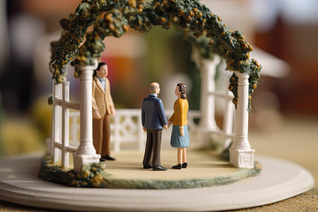Miniature figure of newlyweds. Husband and wife in wedding attire. Arch and decorations with flowers. Happy little toy man and woman created with Generative AI Technologyの写真素材