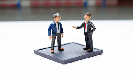 Young businessmen and financial negotiations. Small toy group of people in miniature style. Business team concept created with Generative AI Technologyの写真素材